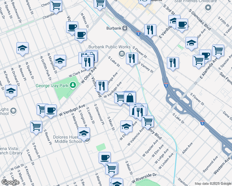 map of restaurants, bars, coffee shops, grocery stores, and more near 250 West Verdugo Avenue in Burbank