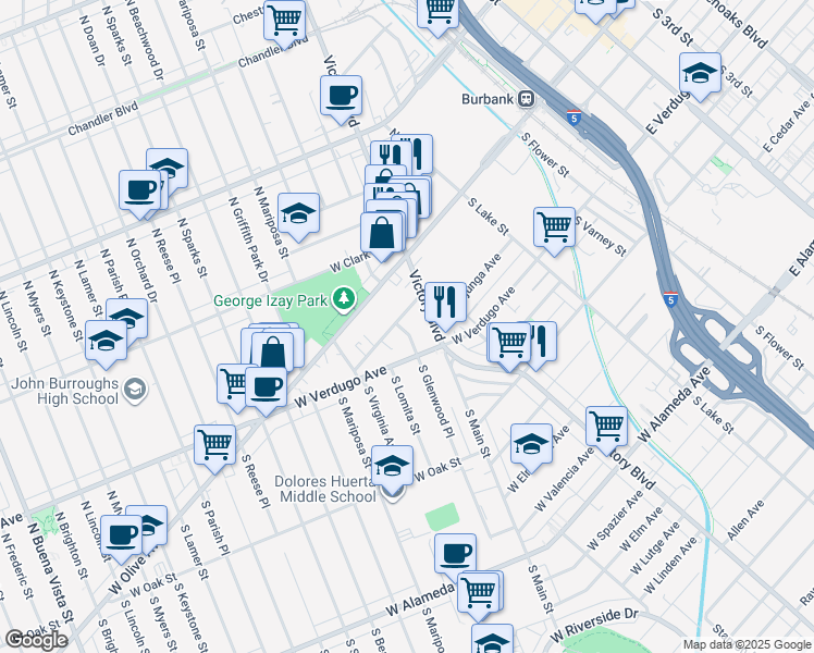 map of restaurants, bars, coffee shops, grocery stores, and more near 1005 West Angeleno Avenue in Burbank