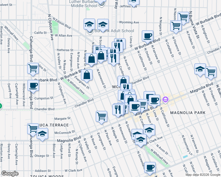 map of restaurants, bars, coffee shops, grocery stores, and more near 1211 North Screenland Drive in Burbank