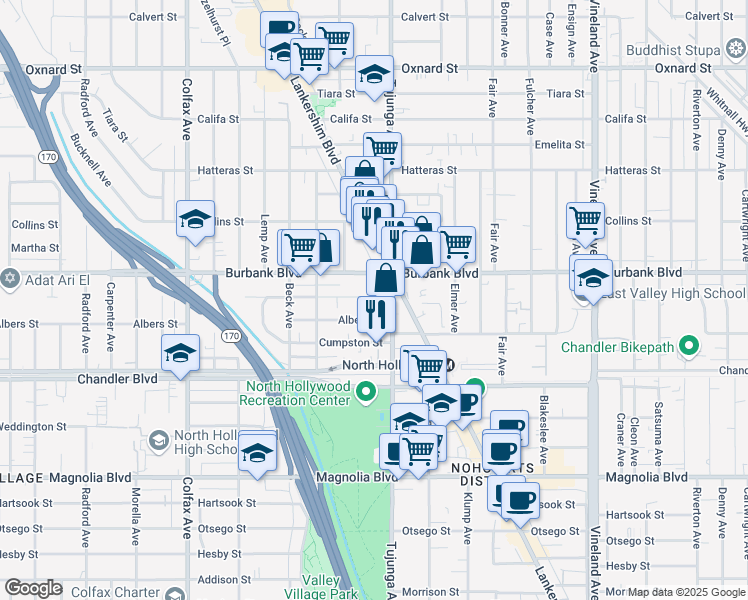 map of restaurants, bars, coffee shops, grocery stores, and more near 11425 Killion Street in Los Angeles