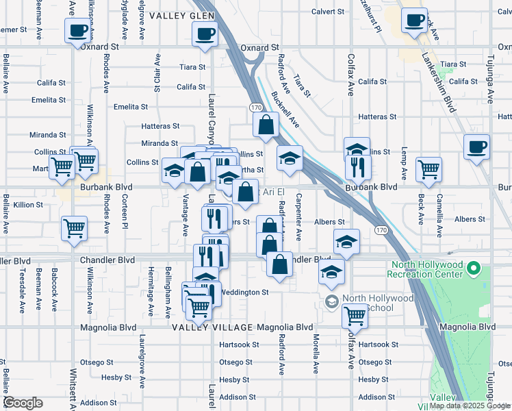 map of restaurants, bars, coffee shops, grocery stores, and more near 11940 Burbank Boulevard in Los Angeles