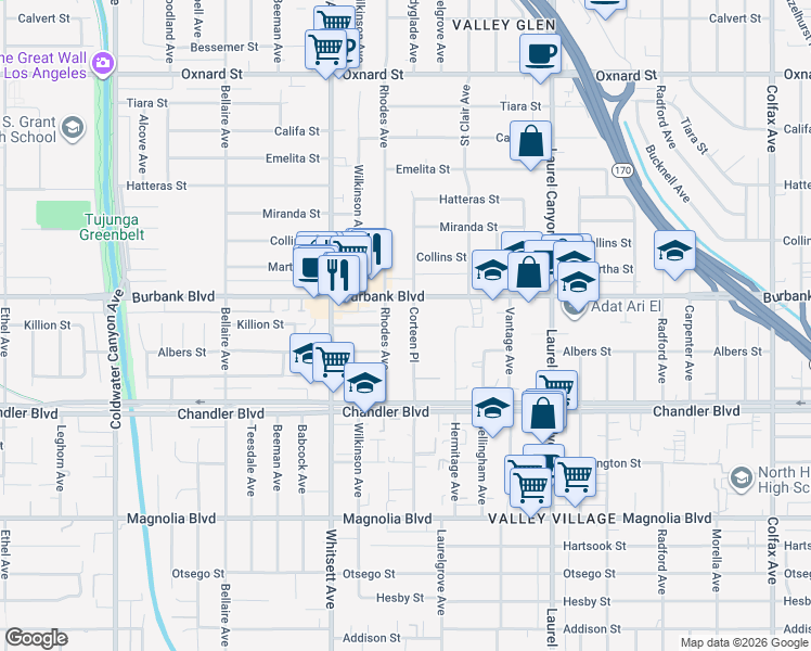 map of restaurants, bars, coffee shops, grocery stores, and more near 12352 Burbank Boulevard in Los Angeles