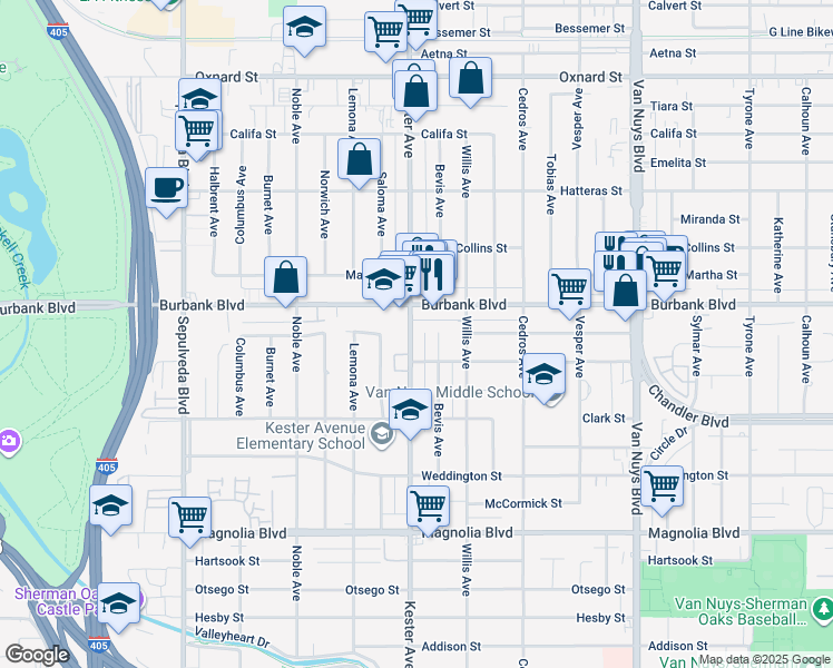 map of restaurants, bars, coffee shops, grocery stores, and more near 5537 Bevis Avenue in Los Angeles