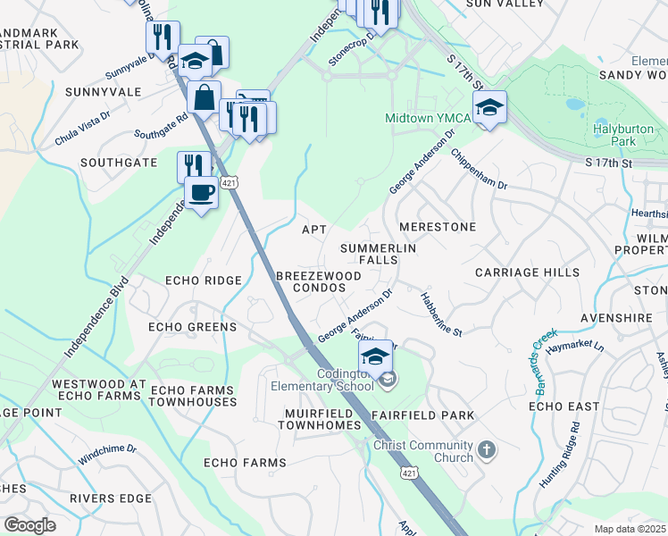 map of restaurants, bars, coffee shops, grocery stores, and more near 1056 Summerlin Falls Court in Wilmington