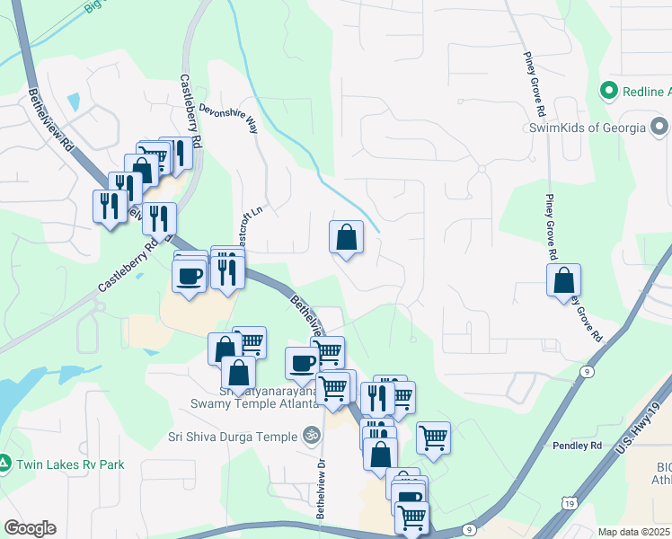 map of restaurants, bars, coffee shops, grocery stores, and more near 6345 Whirlaway Drive in Cumming