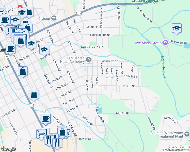 map of restaurants, bars, coffee shops, grocery stores, and more near 1319 10th Street Southeast in Cullman