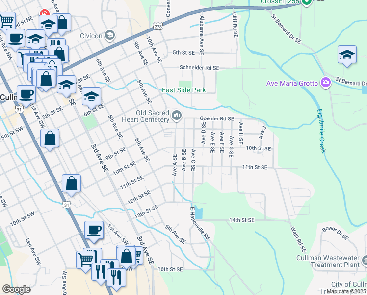 map of restaurants, bars, coffee shops, grocery stores, and more near 1319 10th Street Southeast in Cullman