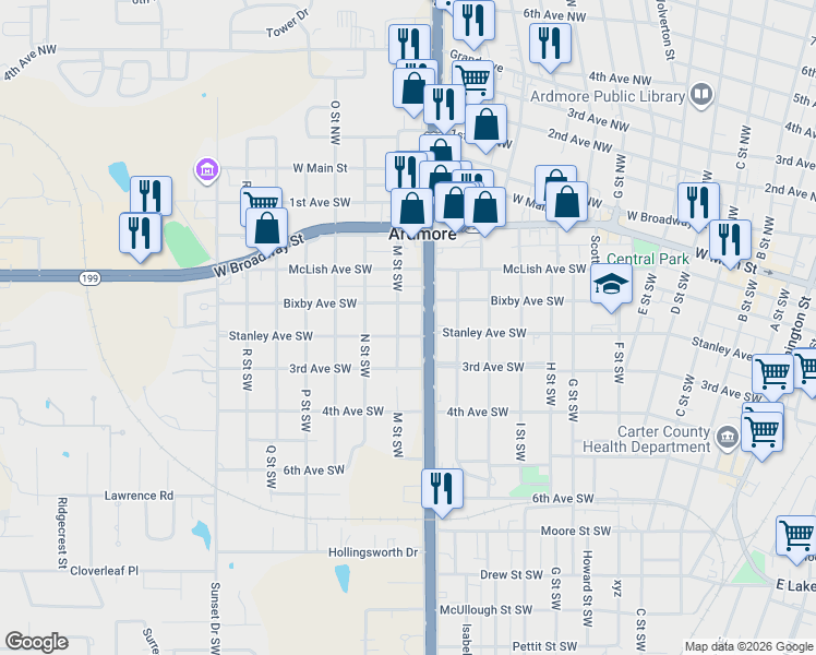 map of restaurants, bars, coffee shops, grocery stores, and more near 1224 Bixby Avenue Southwest in Ardmore