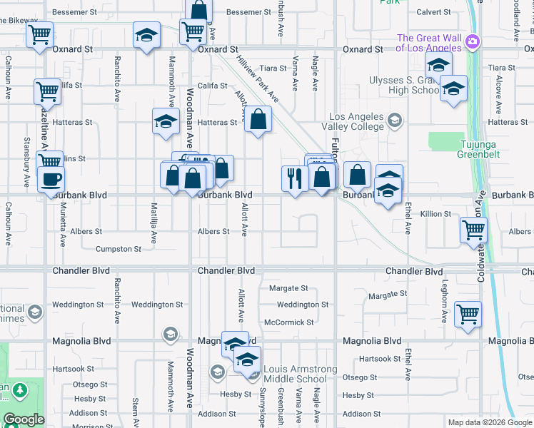 map of restaurants, bars, coffee shops, grocery stores, and more near 5530 Sunnyslope Avenue in Los Angeles