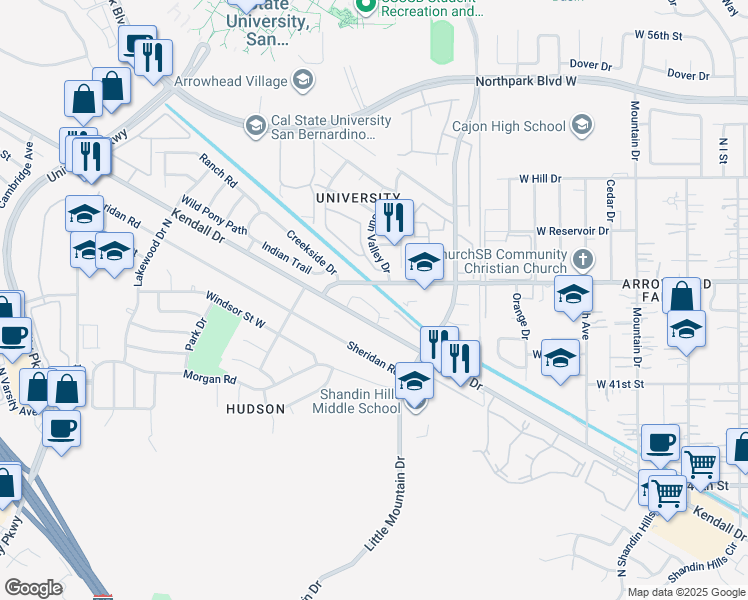 map of restaurants, bars, coffee shops, grocery stores, and more near 1460 Kendall Drive in San Bernardino