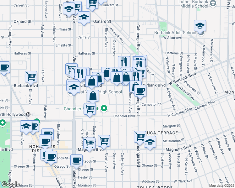 map of restaurants, bars, coffee shops, grocery stores, and more near 5542 Denny Avenue in Los Angeles
