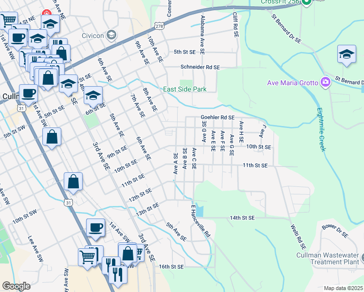map of restaurants, bars, coffee shops, grocery stores, and more near 1316 10th Street Southeast in Cullman