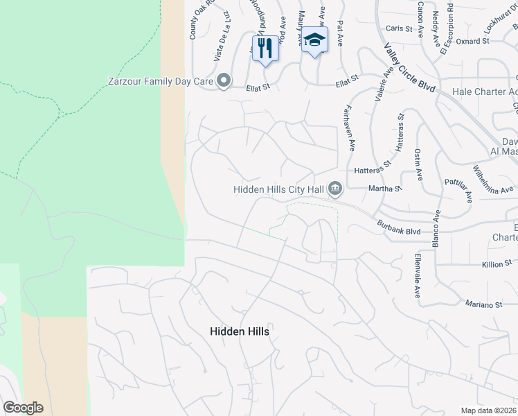 map of restaurants, bars, coffee shops, grocery stores, and more near 6006 Spring Valley Road in Hidden Hills