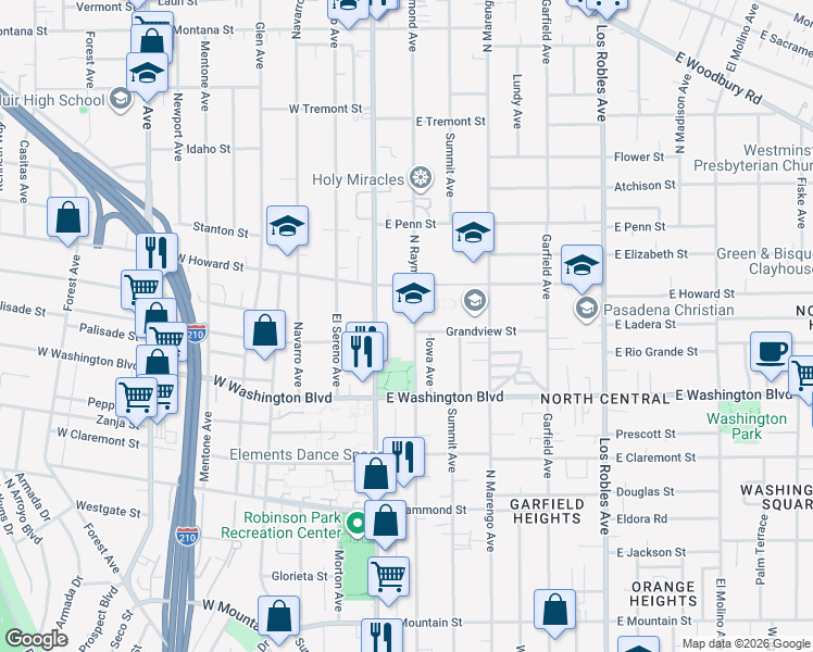 map of restaurants, bars, coffee shops, grocery stores, and more near 1477 North Raymond Avenue in Pasadena