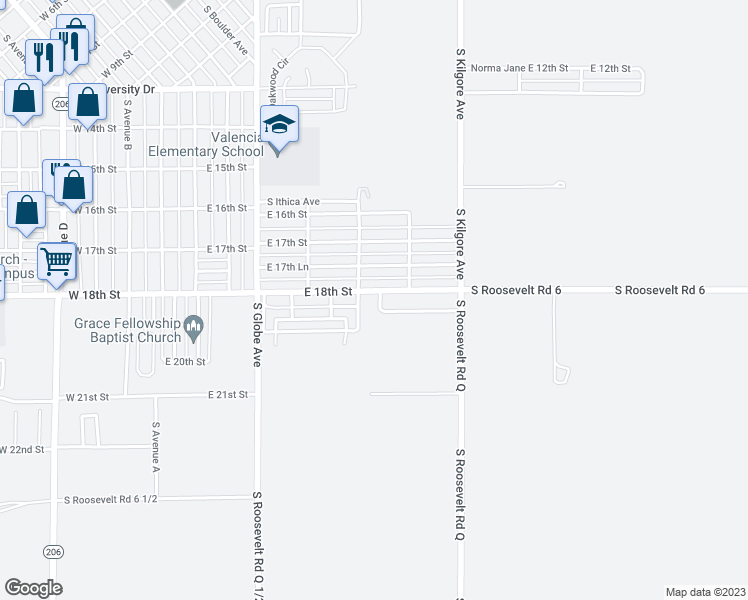 map of restaurants, bars, coffee shops, grocery stores, and more near 510 East 18th Street in Portales