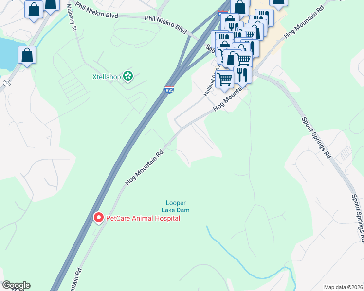 map of restaurants, bars, coffee shops, grocery stores, and more near 5023 Hog Mountain Road in Flowery Branch