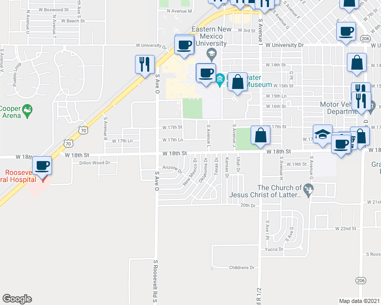 map of restaurants, bars, coffee shops, grocery stores, and more near 1474 West 18th Street in Portales