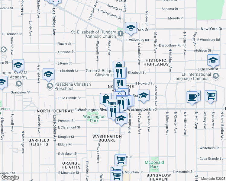 map of restaurants, bars, coffee shops, grocery stores, and more near 834 East Ladera Street in Pasadena