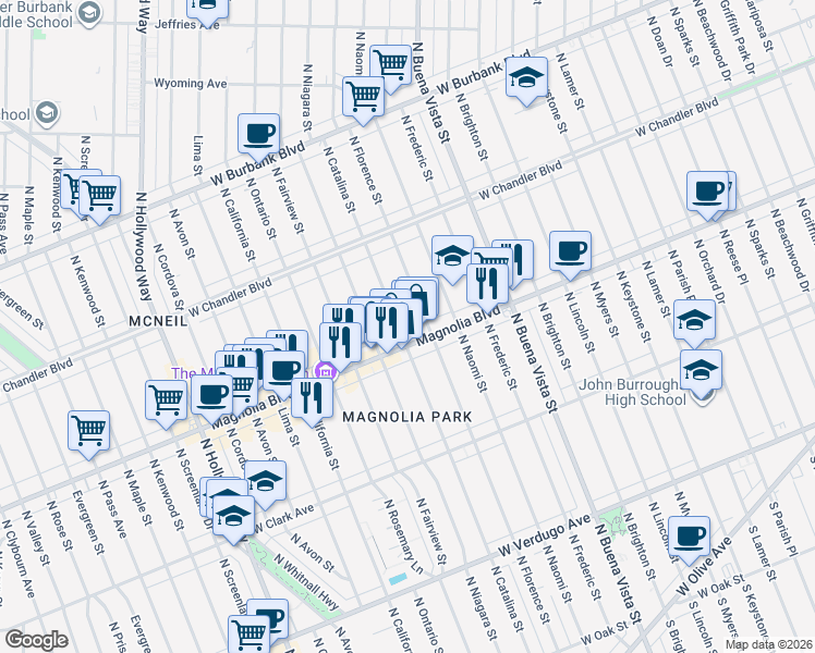map of restaurants, bars, coffee shops, grocery stores, and more near 914 North Catalina Street in Burbank