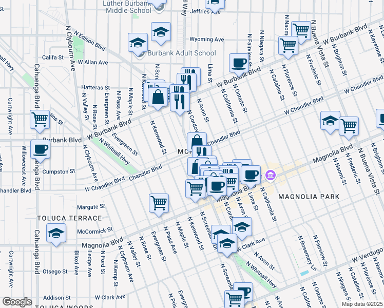 map of restaurants, bars, coffee shops, grocery stores, and more near Chandler Blvd & N Hollywood Way in Burbank