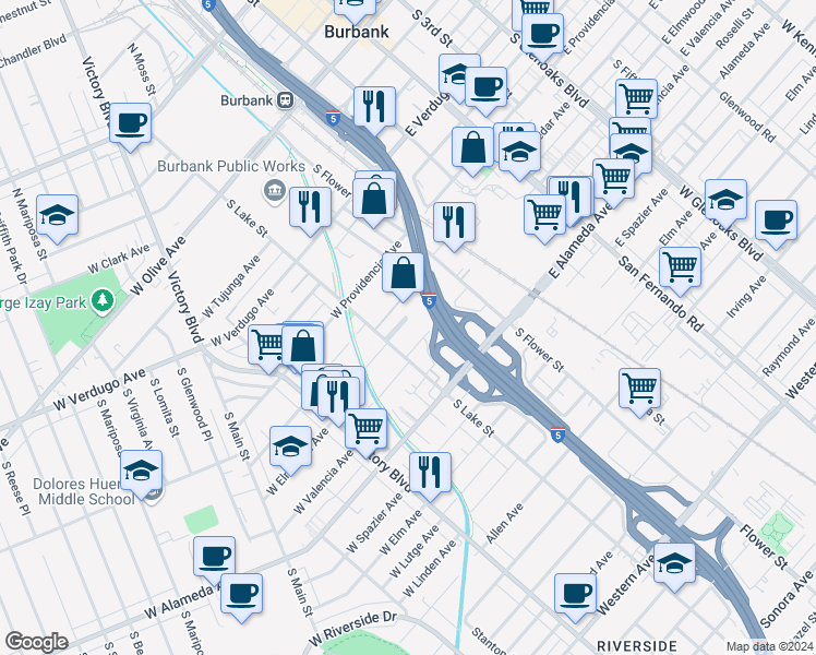map of restaurants, bars, coffee shops, grocery stores, and more near 176 West Elmwood Avenue in Burbank