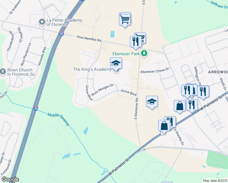 map of restaurants, bars, coffee shops, grocery stores, and more near Grove Boulevard in Florence