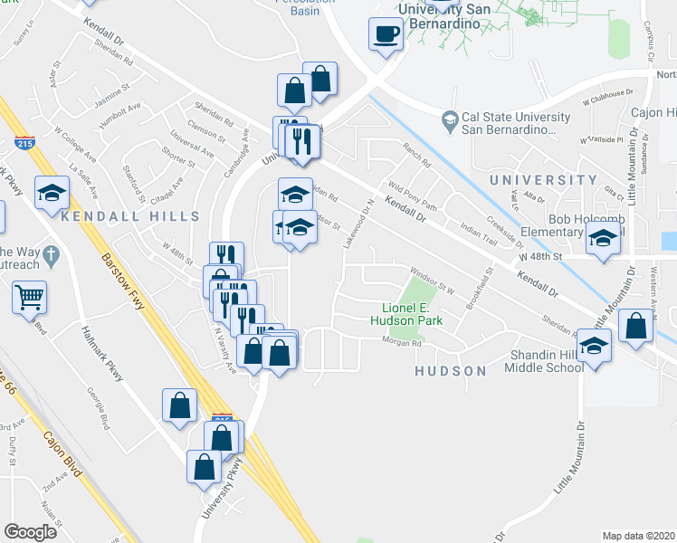 map of restaurants, bars, coffee shops, grocery stores, and more near 4682 Lakewood Drive in San Bernardino