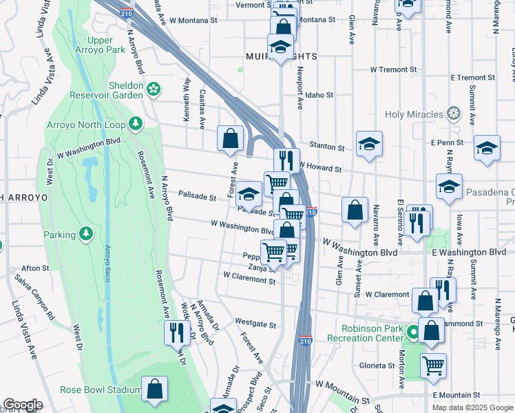 map of restaurants, bars, coffee shops, grocery stores, and more near 505 Palisade Street in Pasadena