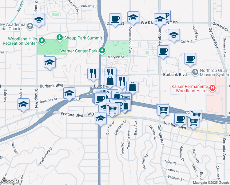 map of restaurants, bars, coffee shops, grocery stores, and more near 21820 Burbank Boulevard in Los Angeles