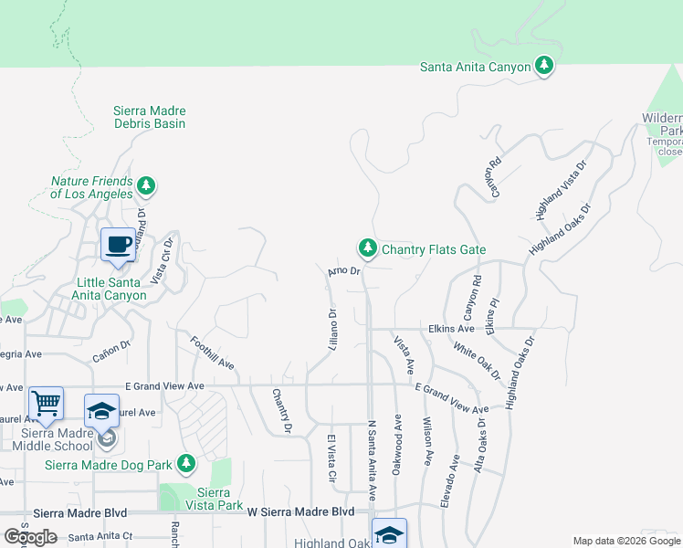 map of restaurants, bars, coffee shops, grocery stores, and more near 1110 Arno Drive in Sierra Madre
