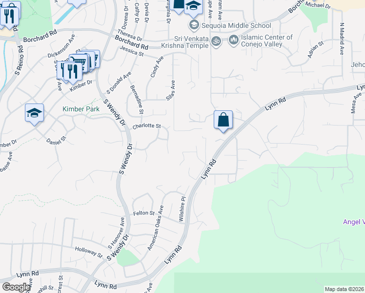 map of restaurants, bars, coffee shops, grocery stores, and more near 419 Helga Court in Thousand Oaks