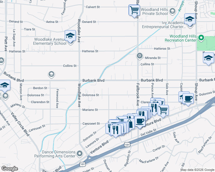 map of restaurants, bars, coffee shops, grocery stores, and more near 5539 Royer Avenue in Los Angeles