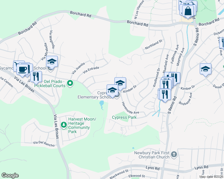 map of restaurants, bars, coffee shops, grocery stores, and more near 379 South Greenway Avenue in Thousand Oaks
