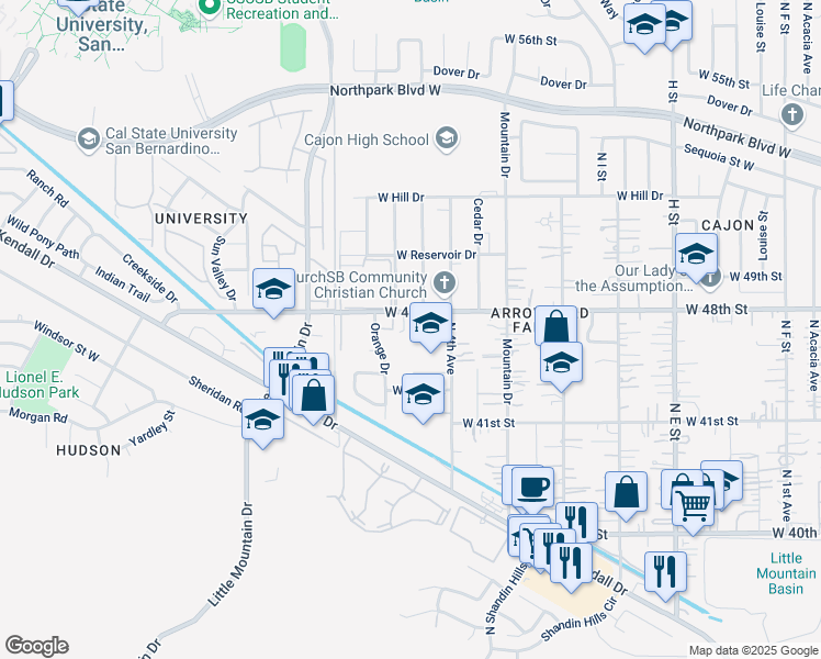 map of restaurants, bars, coffee shops, grocery stores, and more near 1143 West 48th Street in San Bernardino County
