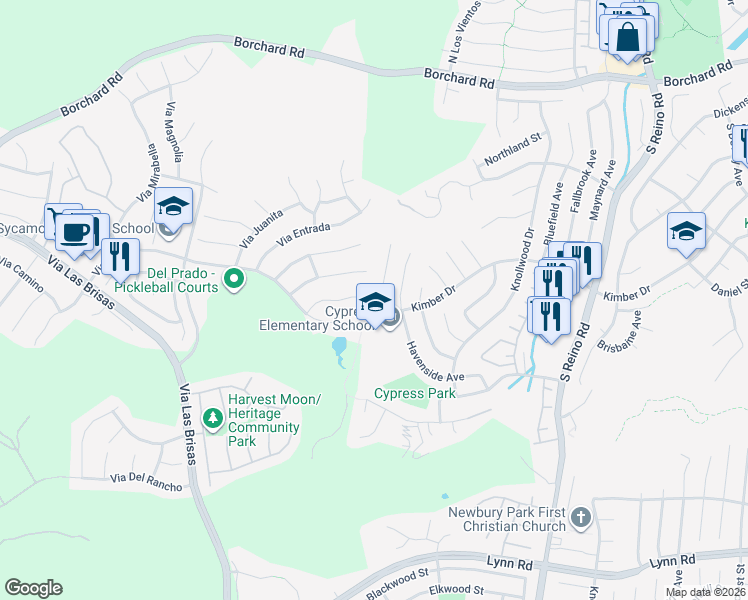 map of restaurants, bars, coffee shops, grocery stores, and more near 379 South Greenway Avenue in Thousand Oaks
