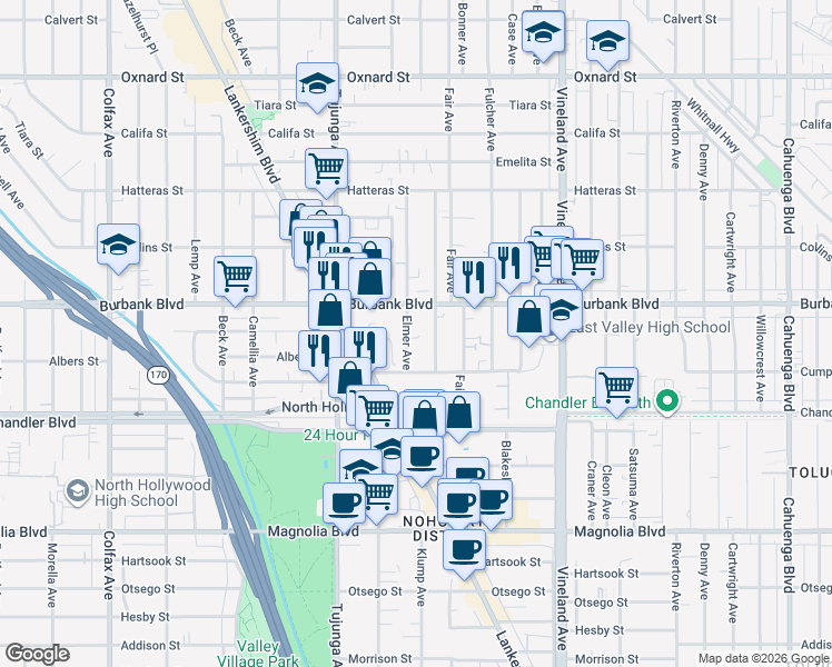 map of restaurants, bars, coffee shops, grocery stores, and more near 5544 Elmer Avenue in Los Angeles