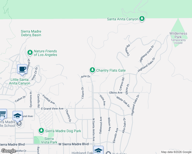 map of restaurants, bars, coffee shops, grocery stores, and more near 1212 Arno Drive in Sierra Madre