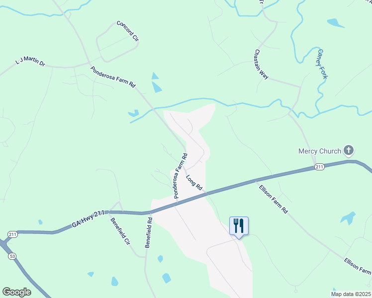 map of restaurants, bars, coffee shops, grocery stores, and more near 5387 Ponderosa Farm Road in Braselton