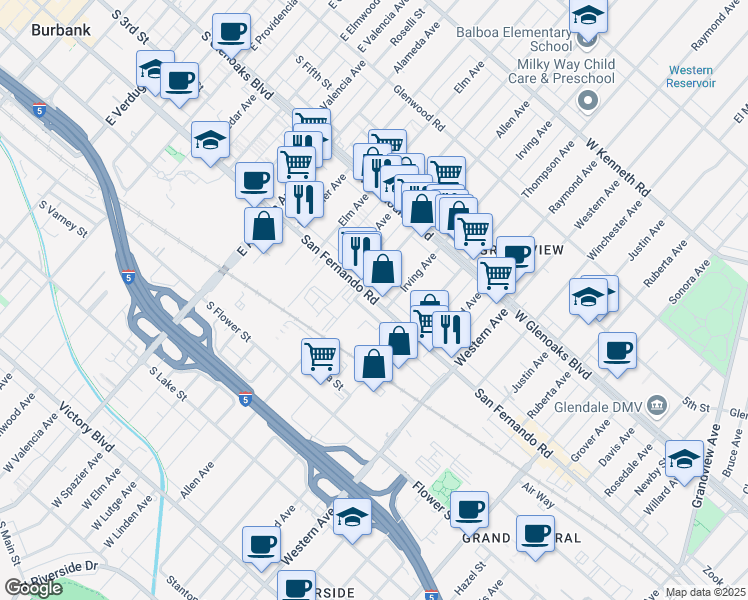 map of restaurants, bars, coffee shops, grocery stores, and more near 1725 Victory Boulevard in Glendale