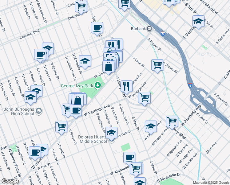 map of restaurants, bars, coffee shops, grocery stores, and more near 1005 West Angeleno Avenue in Burbank