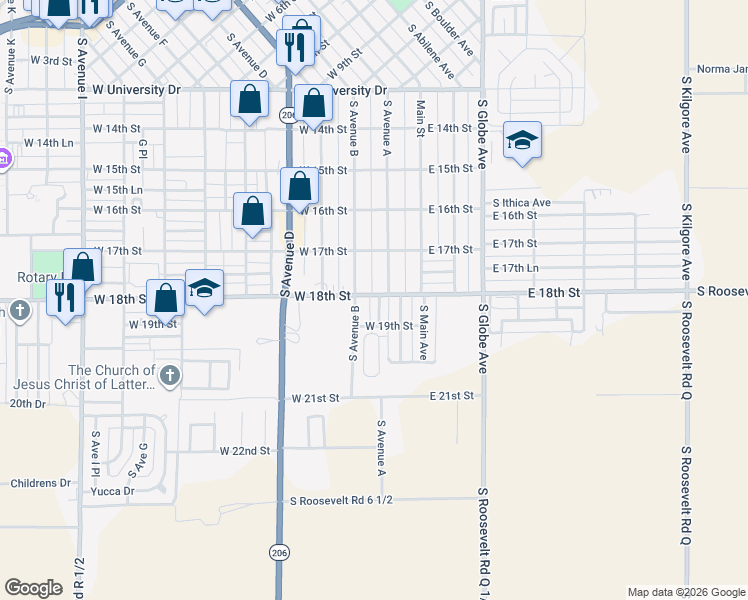 map of restaurants, bars, coffee shops, grocery stores, and more near 1729 South Avenue A in Portales