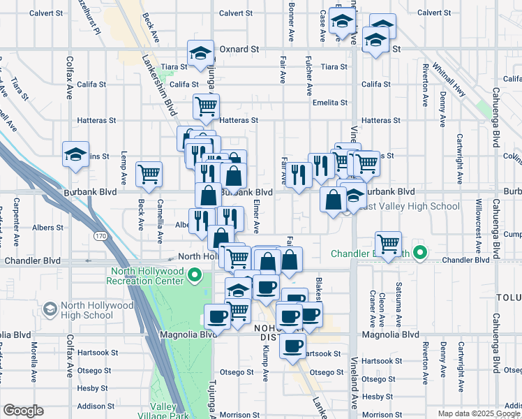 map of restaurants, bars, coffee shops, grocery stores, and more near 5555 Klump Avenue in Los Angeles