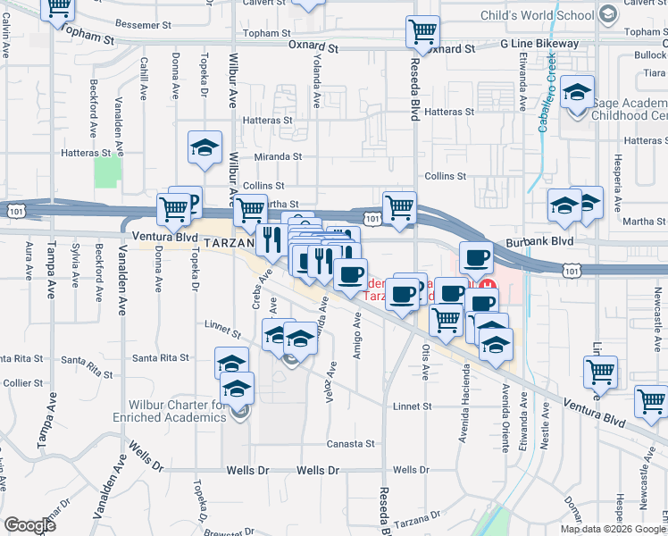 map of restaurants, bars, coffee shops, grocery stores, and more near 18648 Clark Street in Los Angeles