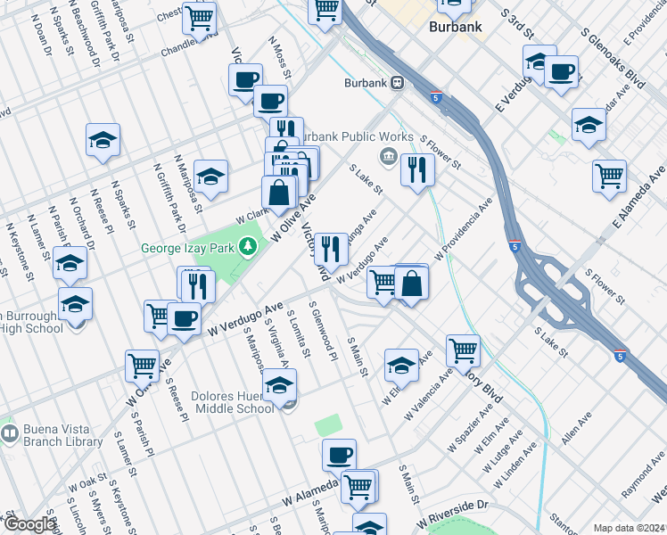 map of restaurants, bars, coffee shops, grocery stores, and more near 306 West Tujunga Avenue in Burbank