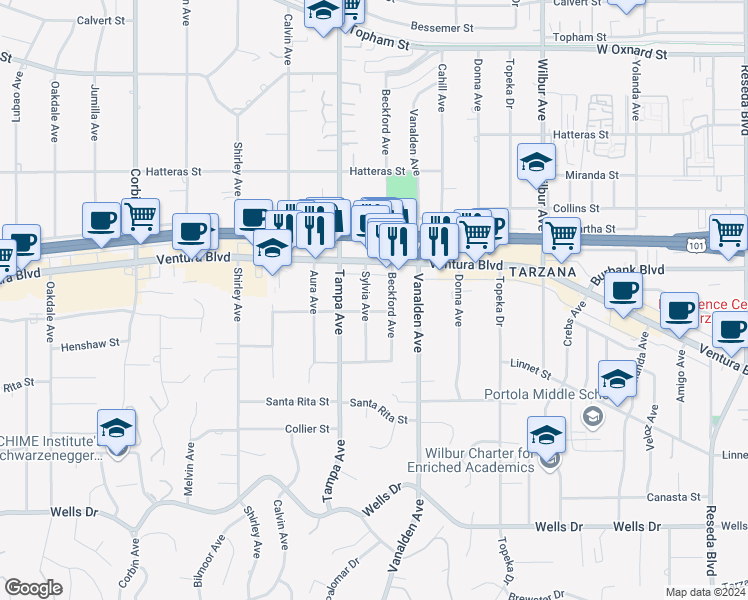 map of restaurants, bars, coffee shops, grocery stores, and more near 5514 Sylvia Avenue in Los Angeles