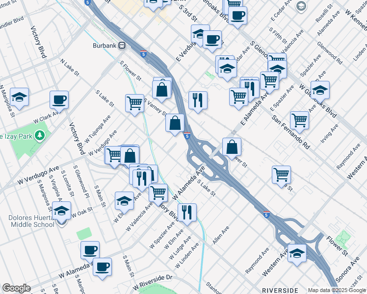 map of restaurants, bars, coffee shops, grocery stores, and more near 157 West Ash Avenue in Burbank