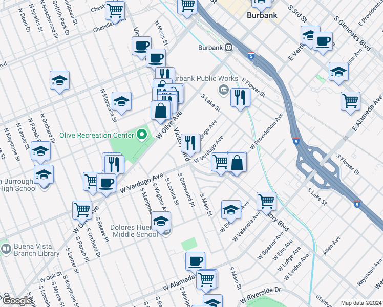 map of restaurants, bars, coffee shops, grocery stores, and more near 306 West Tujunga Avenue in Burbank