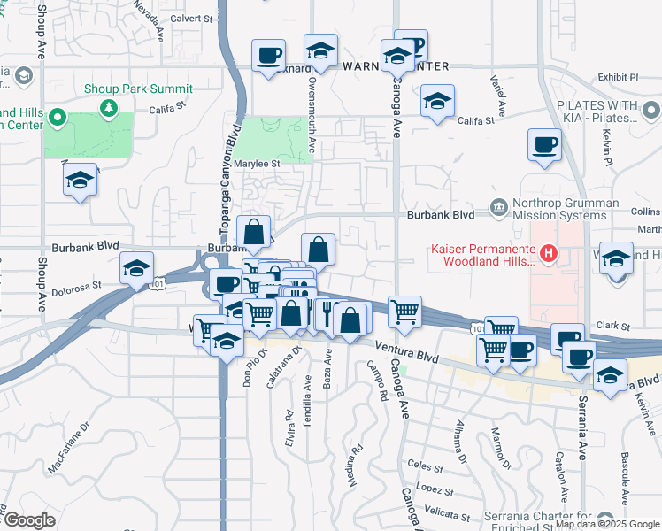 map of restaurants, bars, coffee shops, grocery stores, and more near 5520 Owensmouth Avenue in Los Angeles