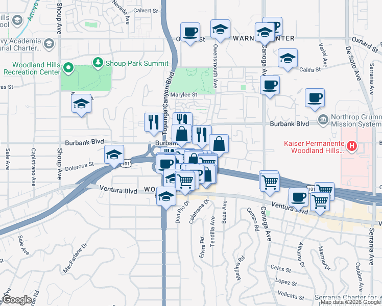 map of restaurants, bars, coffee shops, grocery stores, and more near 21860 Burbank Boulevard in Los Angeles