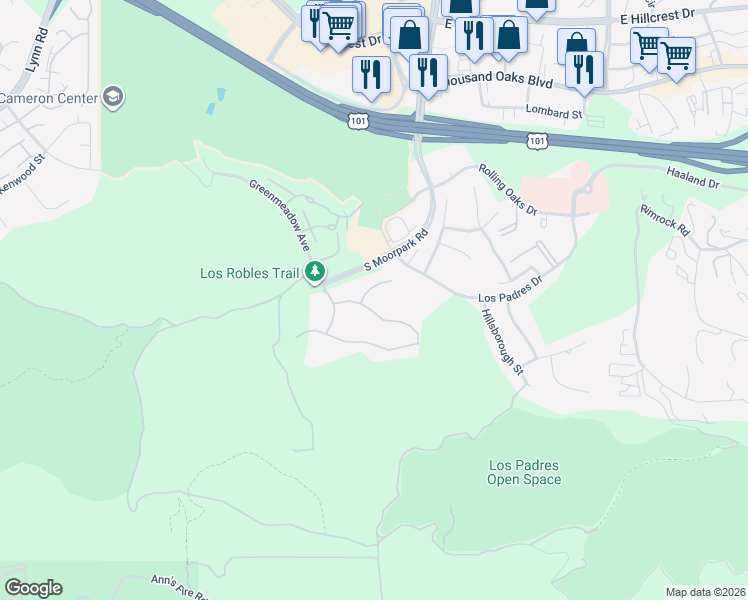 map of restaurants, bars, coffee shops, grocery stores, and more near Inverness Road in Thousand Oaks